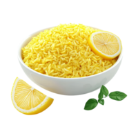 lemon rice in bowl with lemon slices on transparent background png