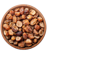 Dried dates arranged in a wooden bowl for healthy snacking and culinary use png