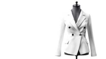 Elegant white double-breasted blazer displayed on a mannequin with a modern design in a stylish setting png