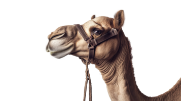 Camel with a saddle stands patiently in a stable preparing for a ride in an open landscape on a sunny day png