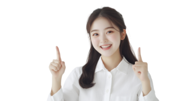 Young woman smiling and pointing upwards with both hands in a bright, neutral setting png