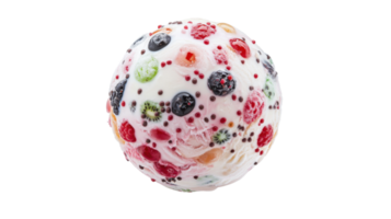 Brightly colored ice cream scoop with mixed fruits and toppings enjoyed during a sunny afternoon at a local park png