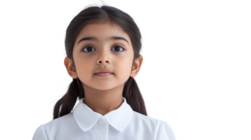 Child poses in a bright setting wearing a white shirt and looking directly at the camera with a calm expression png
