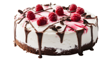 Decadent chocolate raspberry cheesecake topped with fresh raspberries and chocolate drizzle served on a plain background png