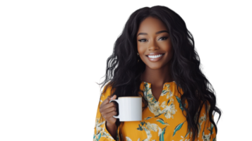 Smiling woman in a floral dress enjoying a cup of coffee in a bright and cheerful setting png