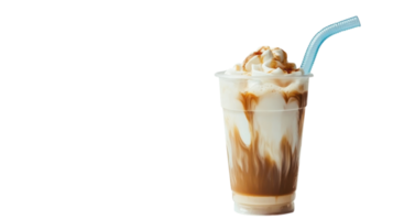 Refreshing iced coffee drink with whipped cream and caramel syrup served in a clear cup on a bright backdrop png