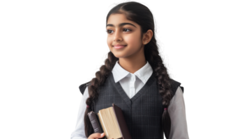 Young student smiles while holding books, representing enthusiasm for learning in a school environment png