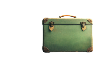 Vintage green suitcase resting on a plain background with worn corners and a sturdy handle leading to a nostalgic travel experience png