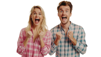 Excited young couple celebrating together with joyful expressions and raised fists in a bright setting png