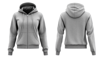Gray hoodie with front zip and pockets displayed from multiple angles in a neutral setting png