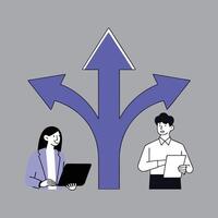 two people are standing next to a purple arrow pointing to a laptop vector