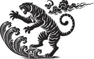 a tiger is standing on a wave with a cloud in the background vector