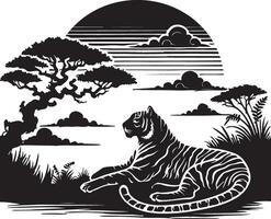a tiger in the jungle with a sunset and trees vector