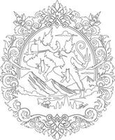 a coloring page with a design of a mountain and a man vector