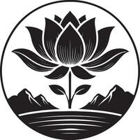 a black and white lotus flower with mountains in the background vector