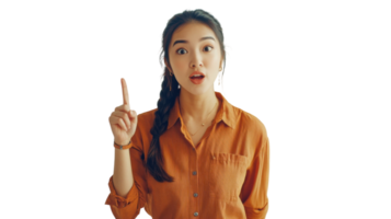 Young woman with braided hair gestures with finger while looking surprised in a bright setting png