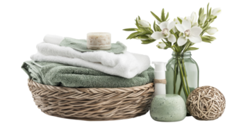 Relaxing spa essentials arranged elegantly with towels and decorative items for a calming atmosphere png