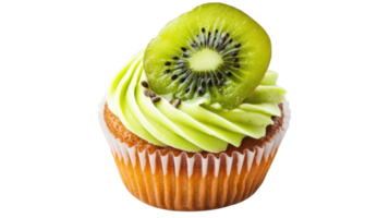 Unique dessert featuring a vibrant green kiwi topping on a creamy frosted cupcake with a soft golden base png