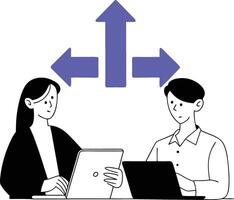 two people working on laptops with arrows pointing to them vector