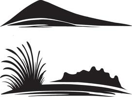 a black and white illustration of a mountain and grass vector