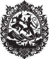 the two people are in the middle of a frame with a mountain in the background vector