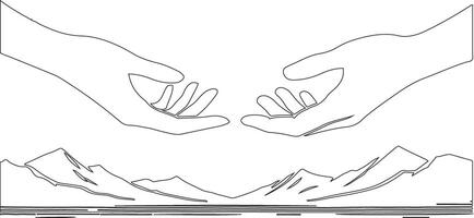 two hands reaching out to each other over mountain range vector