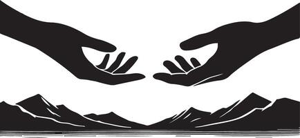 two hands reaching out to each other over a mountain range vector