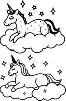 two unicorns are lying on the clouds coloring page vector