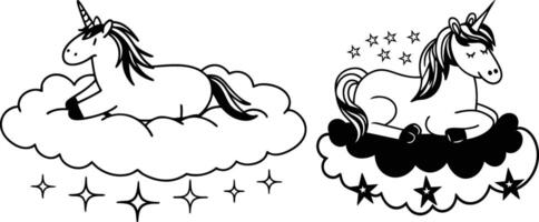 two unicorns are sitting on clouds and stars vector