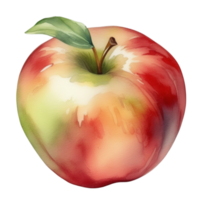 an apple with a green leaf in watercolor illustration style png