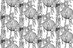 Line art seamless pattern with onions illustration. Hand drawn outline repeating vegetables pattern background. Graphic design for Cover Coloring Book Textile Fashion Print Birthday Card vector