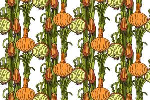 Botanical abstract seamless pattern with juicy onions illustration. Colorful vegetables repeating cartoon pattern in white color background. Graphic design for Fashion Cover Textile Birthday vector