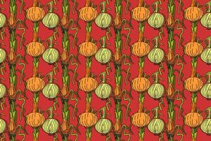 Botanical abstract seamless pattern with juicy onions illustration. Colorful vegetables repeating cartoon pattern in red color background. Graphic design for Fashion Cover Textile Birthday Print vector
