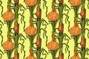 Botanical abstract seamless pattern with juicy onions illustration. Colorful vegetables repeating cartoon pattern in yellow color background. Graphic design for Fashion Cover Textile Birthday vector
