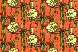 Botanical abstract seamless pattern with juicy onions illustration. Colorful vegetables repeating cartoon pattern in orange color background. Graphic design for Fashion Cover Textile Birthday vector