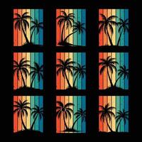 Set of Tropical Palm Tree Silhouettes with Retro Gradient Background vector