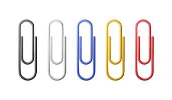 3D set of colored paper clips isolated on white. Render collection of paperclip icons. Tools for education and work. Stationery and office supply vector