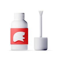 3D Plastic white bottle with stationery corrector isolated. Render correction fluid in container with brush. Tools for education and work. Stationery and office supply vector