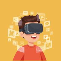Boy Using Virtual Reality Headset in Simulated Digital World vector
