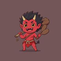 Cartoon Red Demon Character Standing with Club and Happy Expression vector