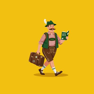 Man in Traditional Bavarian Clothes Walking with Suitcase and Guidebook