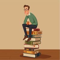 Man Sitting on Books Thinking While Holding a Steaming Mug vector