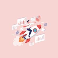 Man Riding Rocket Soaring Past Data Charts and Graphs Concept vector