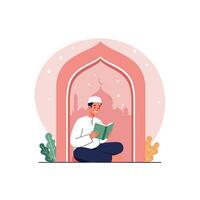 Man Reading Book Within Archway with Building Silhouette in Background vector
