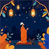 Man Praying Under Lanterns at Night with Starry Sky Backdrop vector