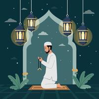 Man Praying with Rosary Under Lanterns in Illustrated Religious Scene vector