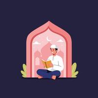 Person Reading Book Sitting in Archway with Moon and Mosque vector