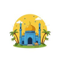 Stylized Mosque Illustration with Palm Trees and Camel Near Building vector