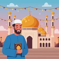 Man Holding Book in Front of Mosque During Festive Time vector