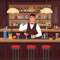 Bartender Mixing Cocktail in Bar with Red Stools and Bottles vector